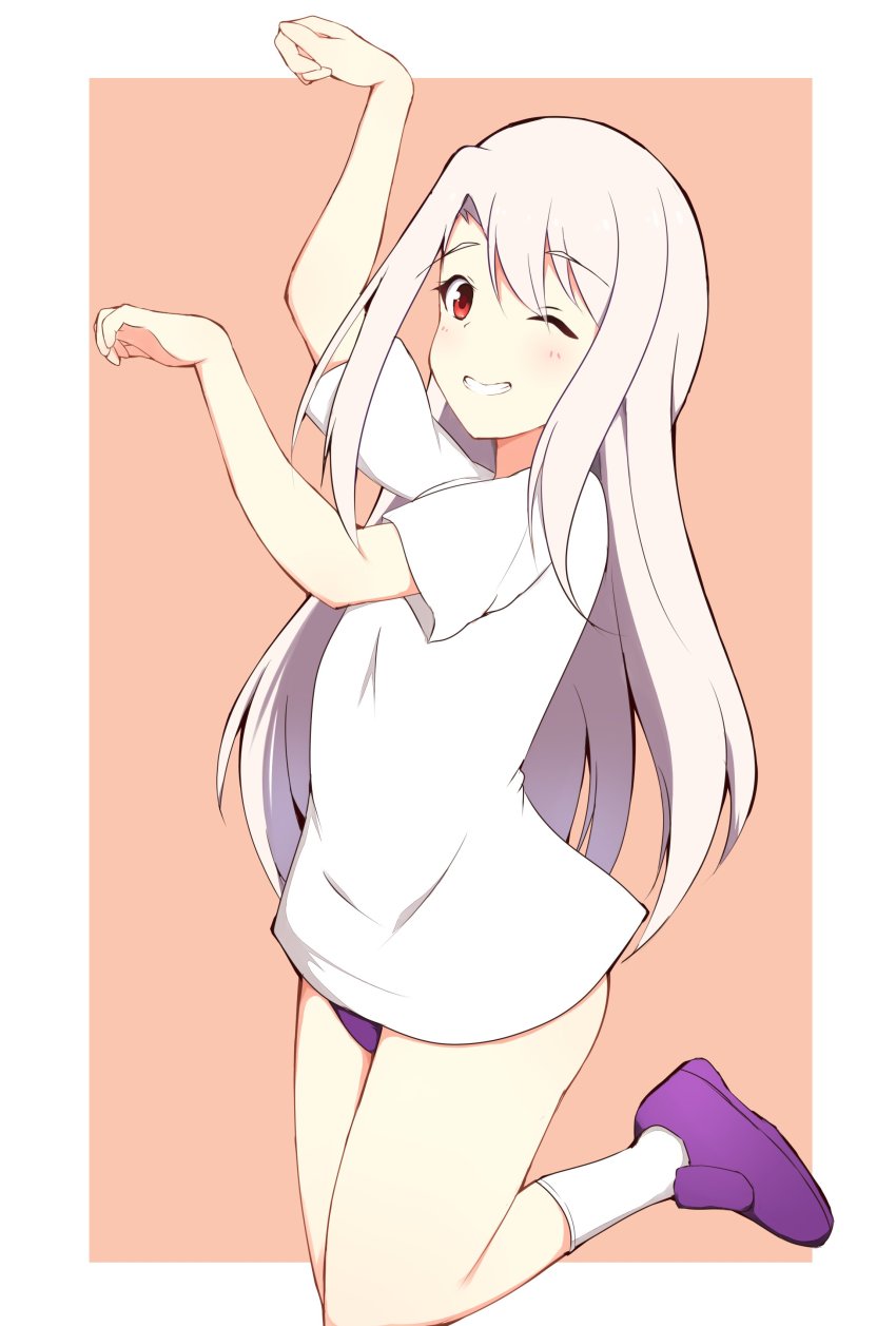 1girl, absurdres, arm_up, blush, brown_background, buruma, commentary_request, fate/kaleid_liner_prisma_illya