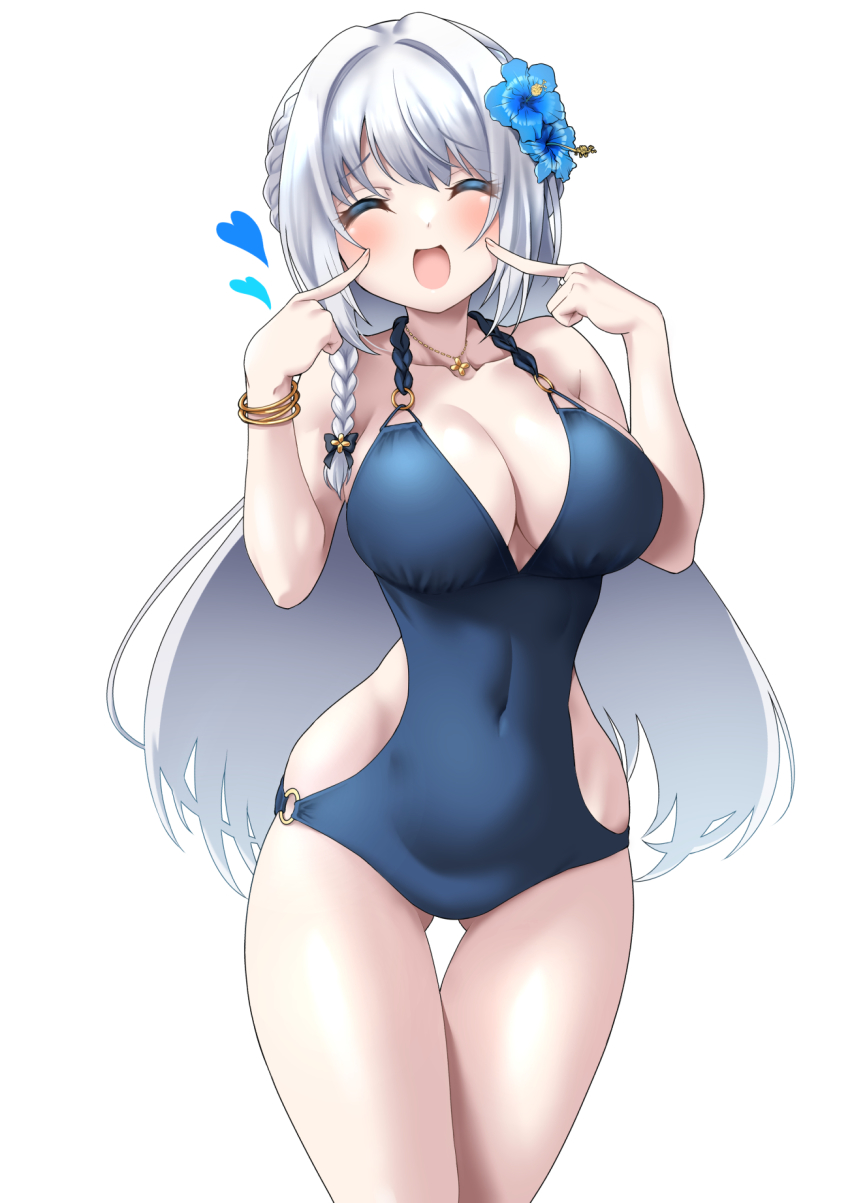 1girl, black_ribbon, blue_flower, blue_one-piece_swimsuit, blunt_bangs, bracelet, braid, breasts
