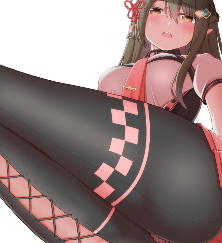 1girl, ass, black_pantyhose, blush, braid, breasts, brown_eyes, brown_hair, collared_shirt, cross-laced_clothes, cross-laced_legwear, female_focus, french_braid, hair_between_eyes, hair_ornament, hairclip, highres, indie_virtual_youtuber, kusunoki_shio, long_hair, looking_at_viewer, medium_breasts, necktie, nekojima4040, open_mouth, panties, panties_over_pantyhose, pantyhose, pink_necktie, pink_shirt, pink_skirt, pointy_ears, polka_dot, polka_dot_panties, puffy_short_sleeves, puffy_sleeves, shirt, short_sleeves, simple_background, skirt, solo, sweat, tassel, thighband_pantyhose, thighs, tie_clip, underwear, virtual_youtuber, white_background