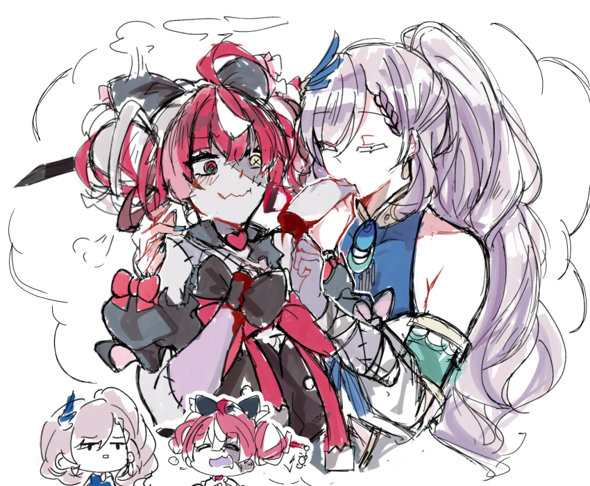 2girls, bare_shoulders, blood, blush, braid, braided_bangs, cheschorv, colored_skin