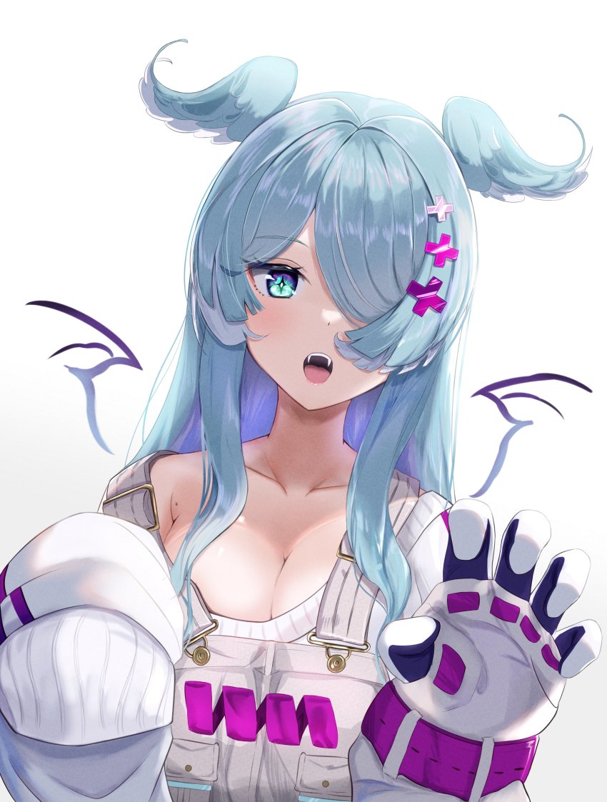 1girl, absurdres, aqua_eyes, aqua_hair, breasts, cleavage, collarbone, elira_pendora