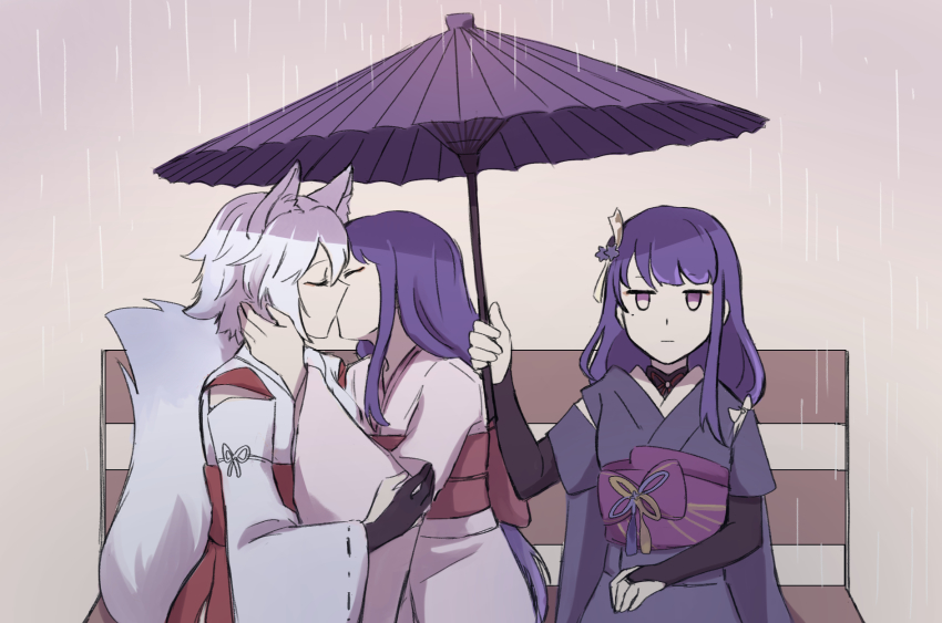3girls, animal_ear_fluff, animal_ears, bench, closed_mouth, commentary, english_commentary, expressionless, fox_ears, fox_tail, genshin_impact, highres, holding, holding_umbrella, japanese_clothes, jitome, kaiyamon, kimono, kiss, kitsune_saiguu, long_hair, makoto_(genshin_impact), miko, mole, mole_under_eye, multiple_girls, obi, on_bench, purple_eyes, purple_hair, purple_kimono, purple_umbrella, raiden_shogun, rain, sash, shared_umbrella, short_hair, siblings, sisters, sitting, spoilers, tail, twins, umbrella, unamused, white_hair, yuri