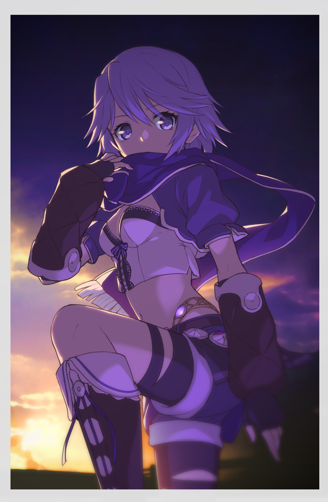 1girl, black_gloves, black_shorts, blue_capelet, blue_ribbon, boots, border, breasts