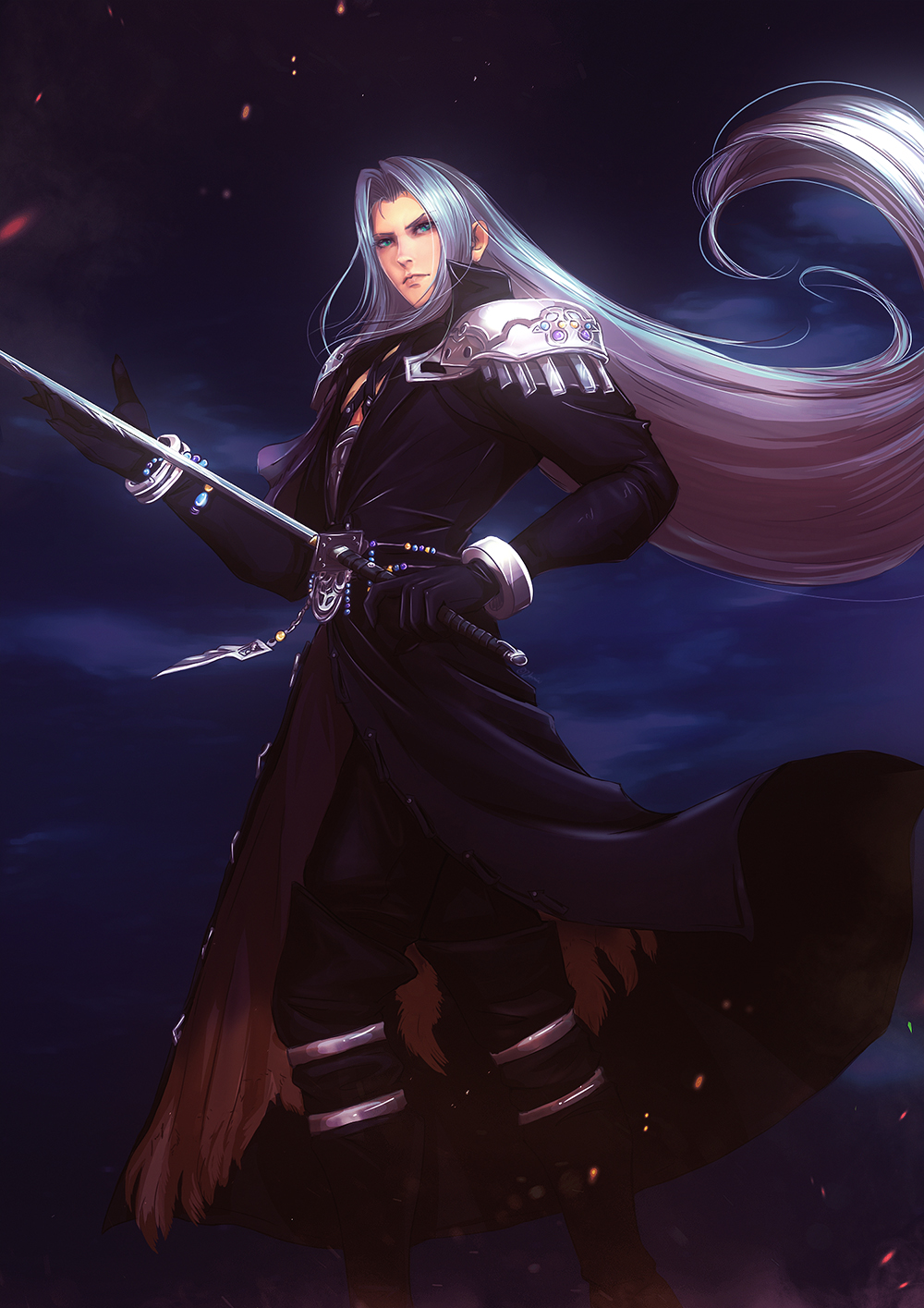 1boy, black_coat, black_gloves, black_pants, blue_eyes, closed_mouth, coat, final_fantasy, final_fantasy_vii, floating_hair, gloves, hair_intakes, highres, holding, holding_sword, holding_weapon, long_hair, male_focus, night, outdoors, pants, sephiroth, silver_hair, solo, square_enix, sword, vervainvanity, very_long_hair, weapon
