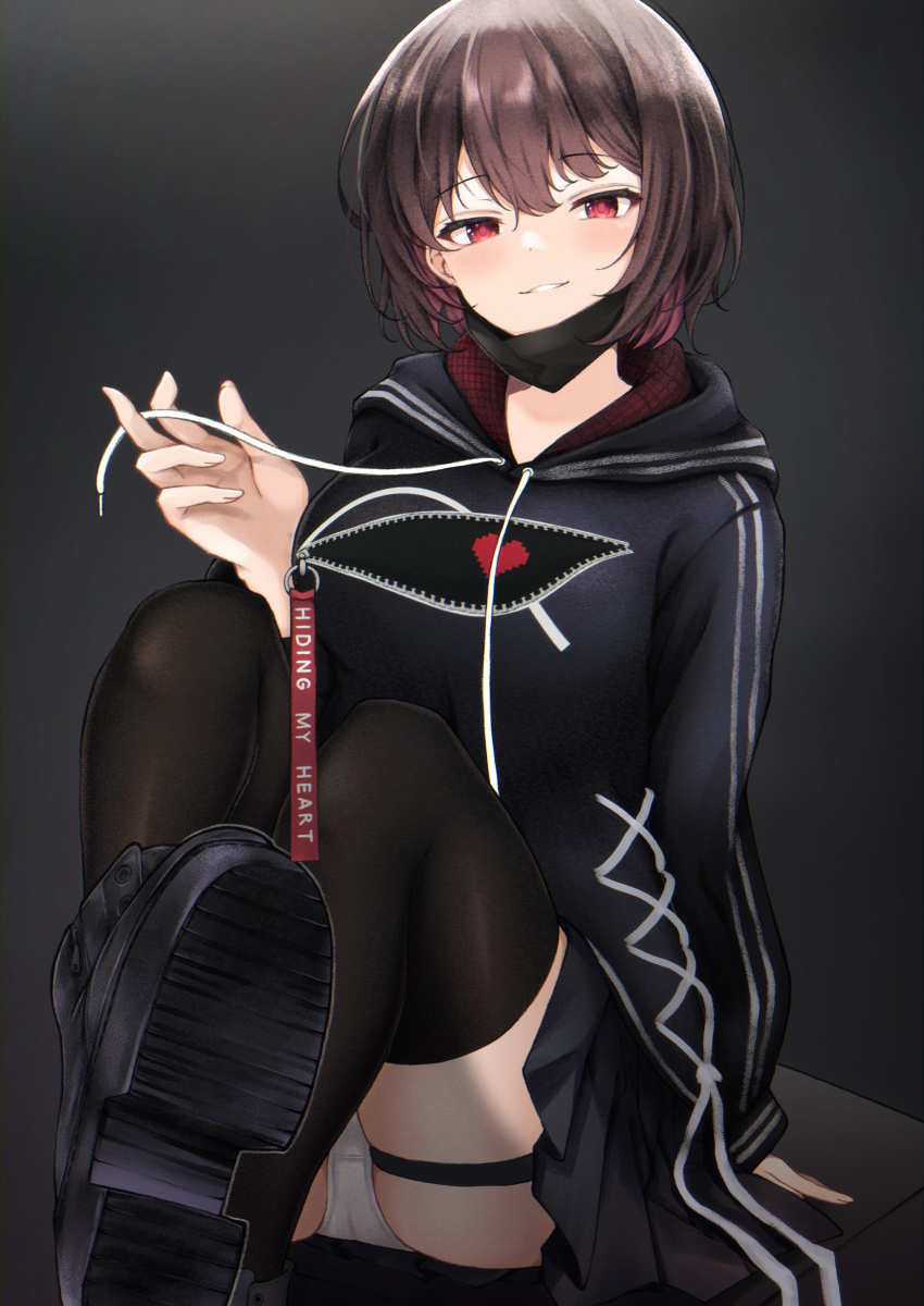 1girl, absurdres, arm_support, ass, black_background, black_footwear, black_hoodie, black_skirt