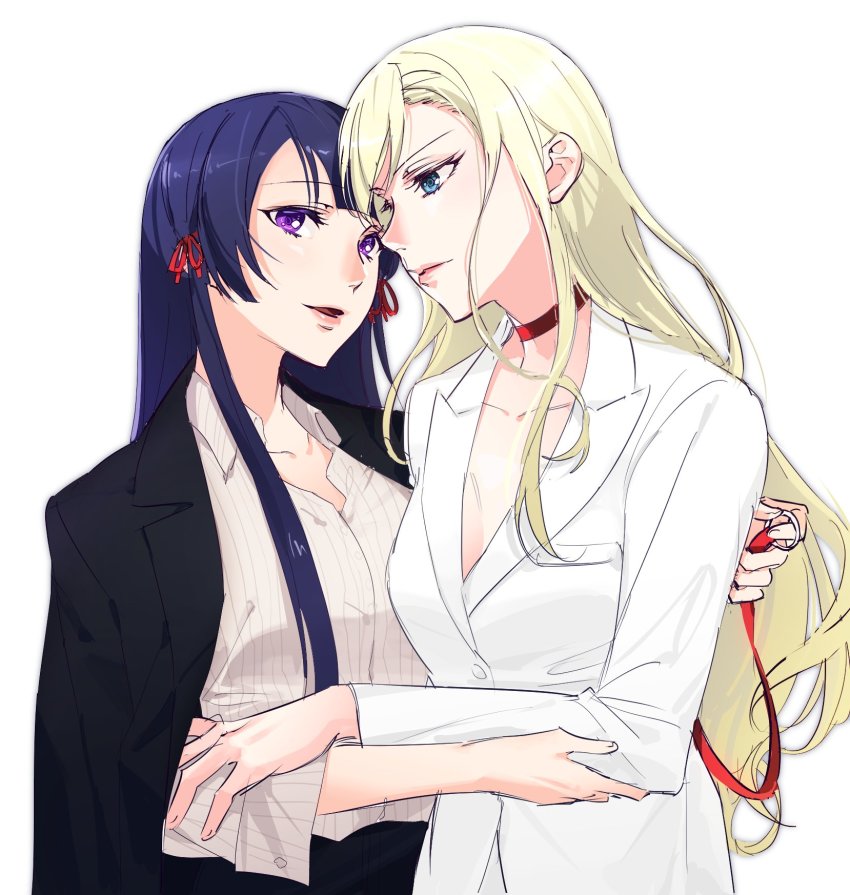 2girls, arm_around_another's_back, black_jacket, blonde_hair, blue_eyes, blue_hair, breasts, buttons