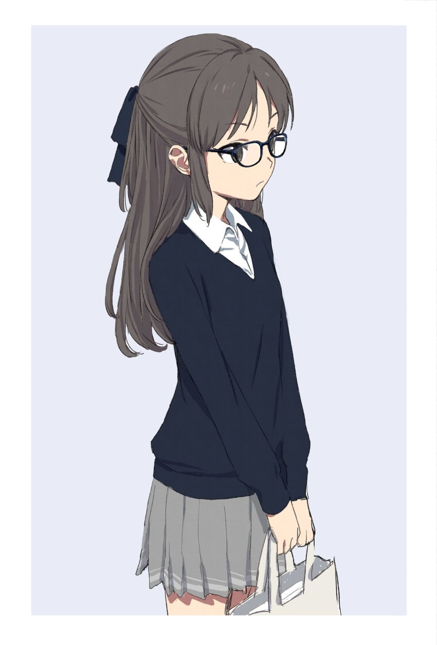1girl, bag, bespectacled, black_bow, black_cardigan, black_eyes, black_hair, border, bow, cardigan, collared_shirt, cowboy_shot, feet_out_of_frame, glasses, grey_skirt, hair_bow, half_updo, handbag, highres, idolmaster, idolmaster_cinderella_girls, knees_out_of_frame, long_hair, pleated_skirt, shirt, simple_background, sketch, skirt, solo, tachibana_arisu, wa_ikun, white_border, white_shirt