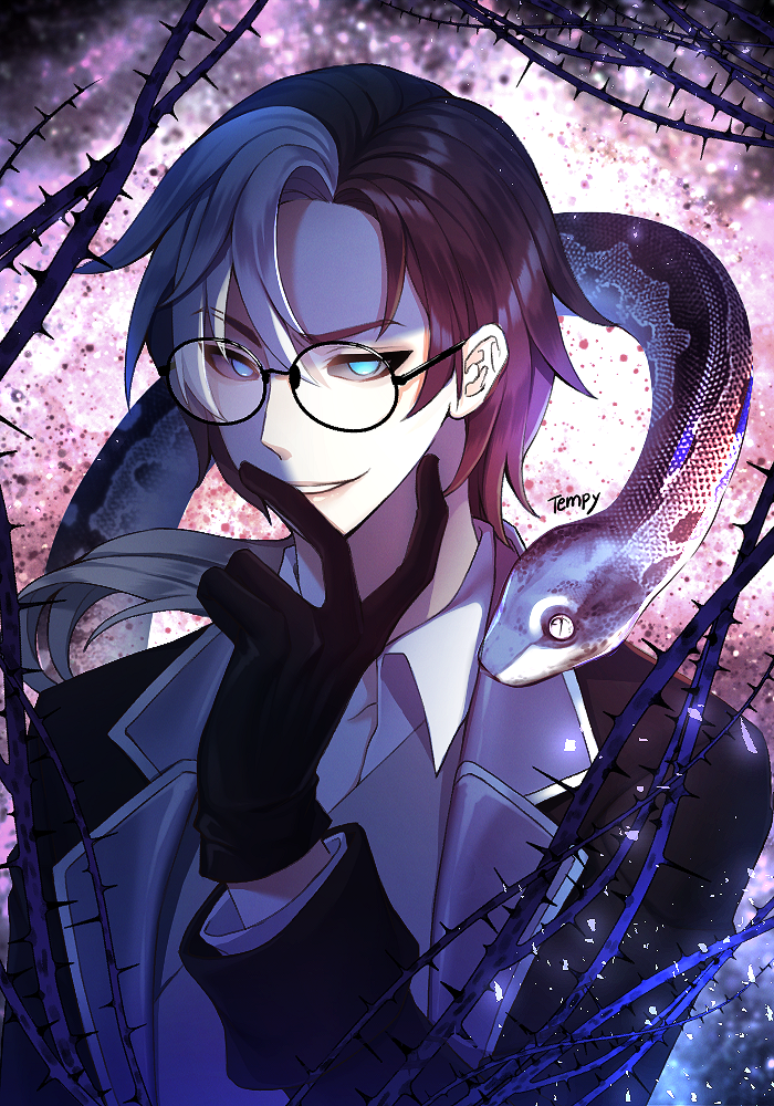 1boy, animal, artist_name, black-framed_eyewear, black_gloves, black_hair, black_jacket, blue_eyes