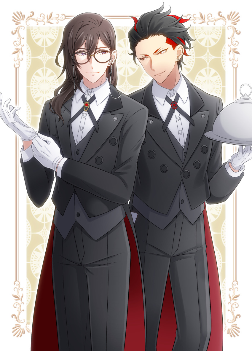 2boys, absurdres, adjusting_clothes, adjusting_gloves, black_hair, black_pants, brown_hair, earrings, formal_clothes, glasses, gloves, highres, holding, holding_tray, jewelry, jpeg_artifacts, long_hair, mist_flaiv, multicolored_hair, multiple_boys, pants, purple_eyes, red_eyes, red_hair, saga_latour, short_hair, standing, streaked_hair, stud_earrings, suisei_ms_(oba_0808), suit, tray, visual_prison, white_gloves