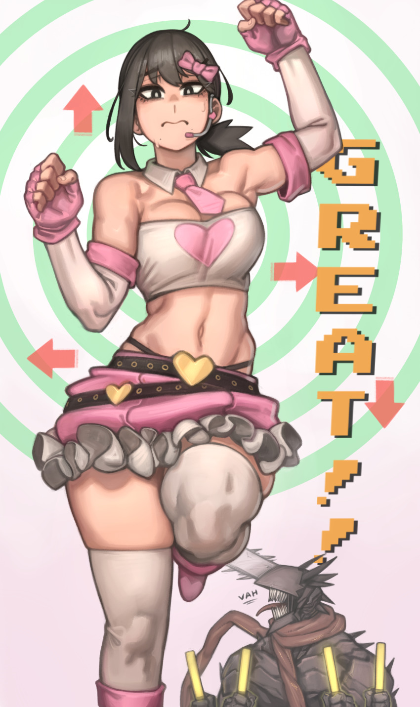 1boy, 1girl, :s, absurdres, alternate_costume, arm_up, arrow_(symbol), belt, black_eyes, black_hair, bow, breasts, bright_pupils, chainsaw, chainsaw_man, cleavage, closed_mouth, dancing, denji_(chainsaw_man), elbow_gloves, english_text, fingerless_gloves, frilled_skirt, frills, gloves, glowstick, hair_bow, hand_up, headset, heart, higashiyama_kobeni, highres, holding, holding_glowstick, idol, idol_clothes, kelvin_hiu, leg_up, looking_at_viewer, medium_breasts, microphone, midriff, mole, mole_under_eye, navel, nervous, pixel_text, ponytail, scarf, short_hair, skirt, sleeveless, solo_focus, standing, standing_on_one_leg, thighhighs, white_pupils