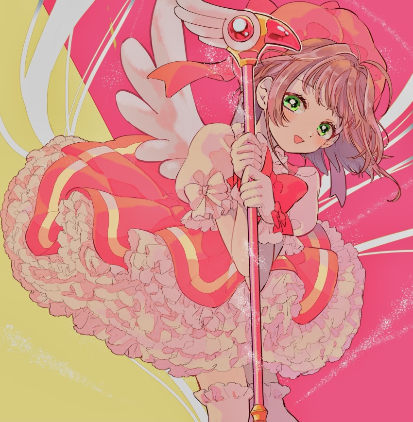1girl, amaharu_wasure, antenna_hair, bow, brown_hair, cardcaptor_sakura, commentary, dress