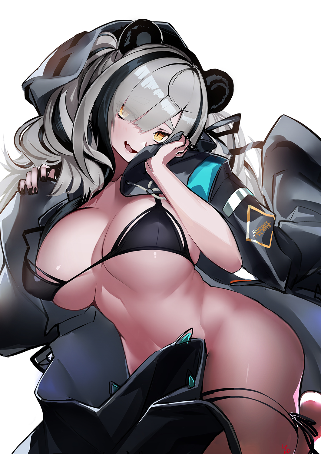 1girl, animal_ears, arknights, bikini, bikini_pull, black_bikini, black_hair, black_jacket, black_nails, breasts, cleavage, clothes_pull, collarbone, eyewear_on_head, fang, feater_(arknights), female_focus, hair_over_one_eye, highres, jacket, large_breasts, long_hair, looking_at_viewer, multicolored_hair, nail_polish, open_clothes, open_jacket, open_mouth, panda_ears, razu_(rus), side-tie_bikini_bottom, simple_background, skin_fang, skindentation, smile, solo, streaked_hair, sunglasses, swimsuit, white_background