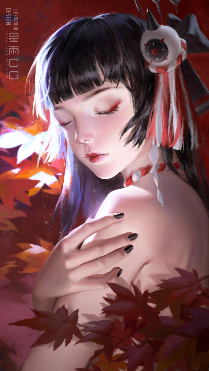 1girl, absurdres, black_hair, black_nails, blunt_bangs, character_request, closed_eyes, closed_mouth, dorothyshan, eyeliner, from_side, hair_ornament, hand_on_own_arm, highres, hime_cut, leaf, light_particles, long_hair, makeup, maple_leaf, nail_polish, nude, onmyoji, orb, realistic, red_lips, red_theme, self_hug, shide, sidelocks, solo, straight_hair, tassel, tassel_hair_ornament, upper_body