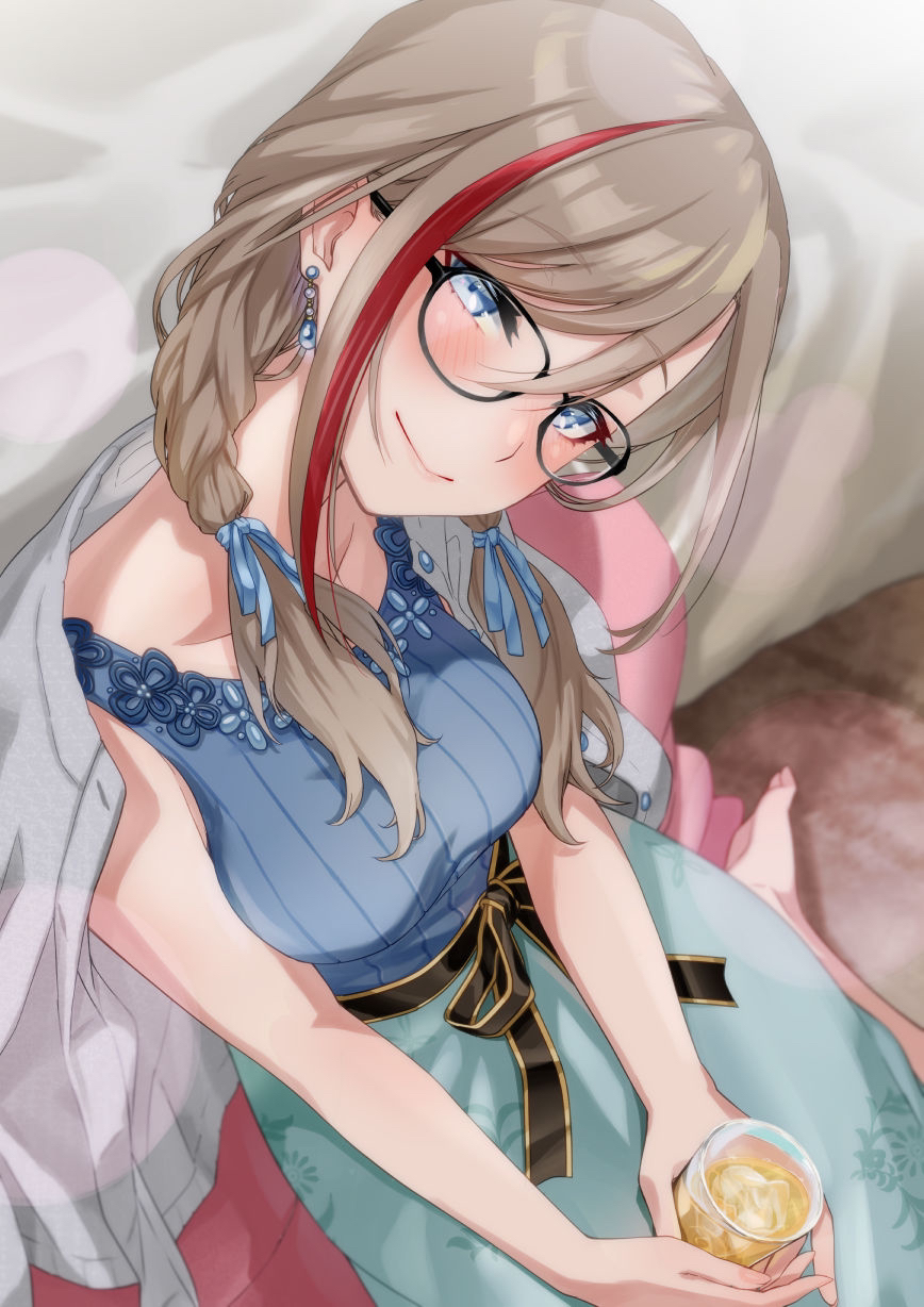 1girl, bare_shoulders, barefoot, bed, black-framed_eyewear, blue_eyes, blue_ribbon, blue_shirt, blue_skirt, blush, braid, breasts, brown_hair, cup, drink, feet, female_focus, french_braid, from_above, glasses, hair_between_eyes, hair_over_shoulder, hair_ribbon, head_tilt, highres, holding, holding_cup, indoors, inukai_mofu, jacket, jacket_on_shoulders, kurusu_natsume, kurusu_natsume_(1st_costume), long_hair, looking_at_viewer, medium_breasts, multicolored_hair, nijisanji, on_floor, red_hair, ribbon, sash, shirt, sitting, skirt, sleeveless, sleeveless_shirt, smile, solo, streaked_hair, twin_braids, virtual_youtuber
