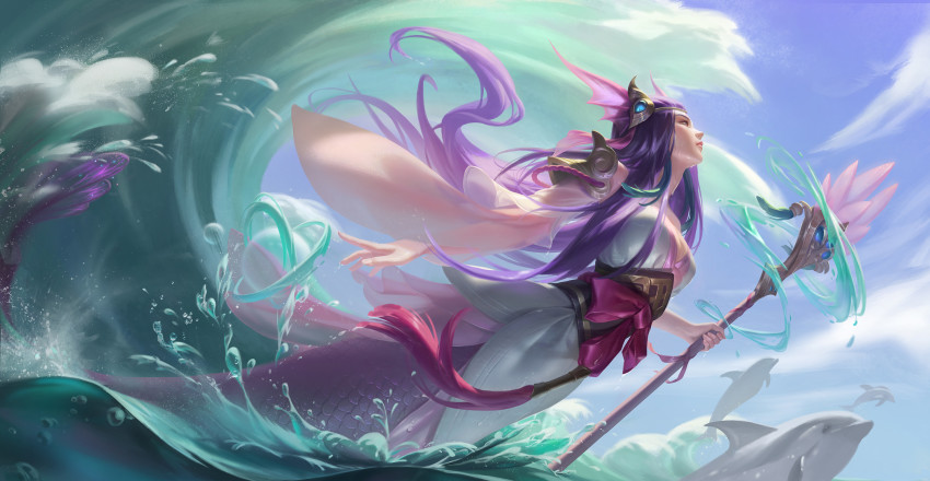1girl, animal, arm_at_side, armor, breasts, cleavage, commentary, day, detached_sleeves, dolphin, dorothyshan, english_commentary, fins, flower, from_side, hair_ornament, head_fins, headgear, highres, holding, holding_staff, hydrokinesis, league_of_legends, long_hair, looking_away, mermaid, monster_girl, nami_(league_of_legends), ocean, orb, outdoors, pauldrons, planetary_ring, profile, purple_eyes, robe, sash, shoulder_armor, sky, solo, splendid_staff_nami, staff, tassel, vastaya, very_long_hair, water, waves, wet