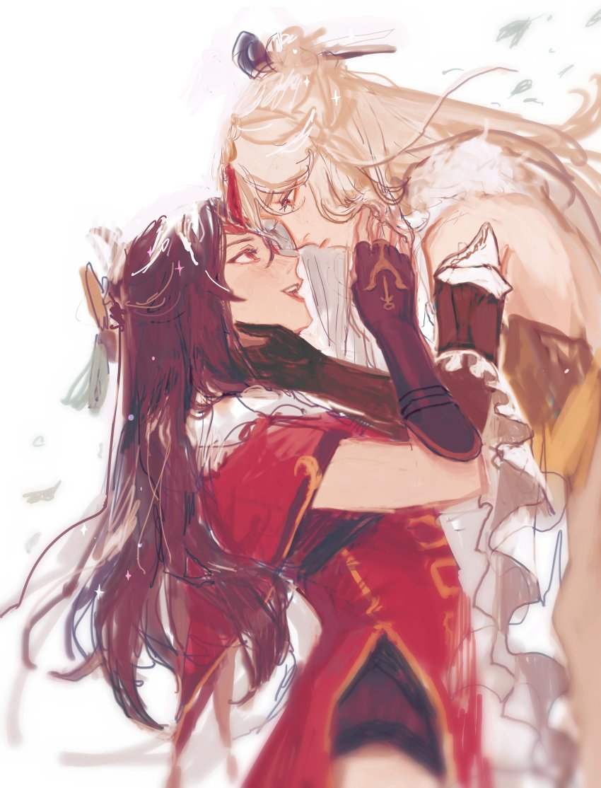 2girls, absurdres, alt_text, beidou_(genshin_impact), brown_hair, capelet, china_dress, chinese_clothes, colored_eyepatch, dress, eyepatch, fingerless_gloves, fur_collar, genshin_impact, gloves, glutentag, hair_ornament, hair_stick, hairpin, hand_on_another's_cheek, hand_on_another's_face, highres, long_hair, looking_at_another, multiple_girls, ningguang_(genshin_impact), one_eye_covered, open_mouth, red_dress, white_dress, white_hair, yuri