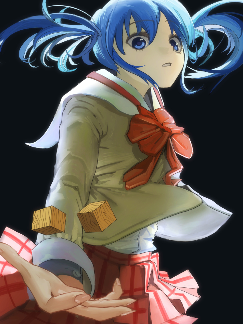 1girl, absurdres, black_background, blue_eyes, blue_hair, bow, bowtie, commentary