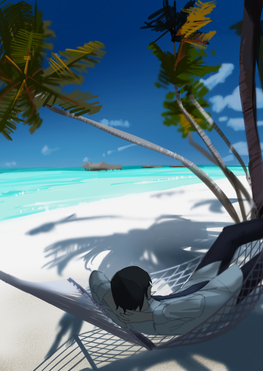 1boy, absurdres, beach, black_hair, black_pants, blue_necktie, building, cloud