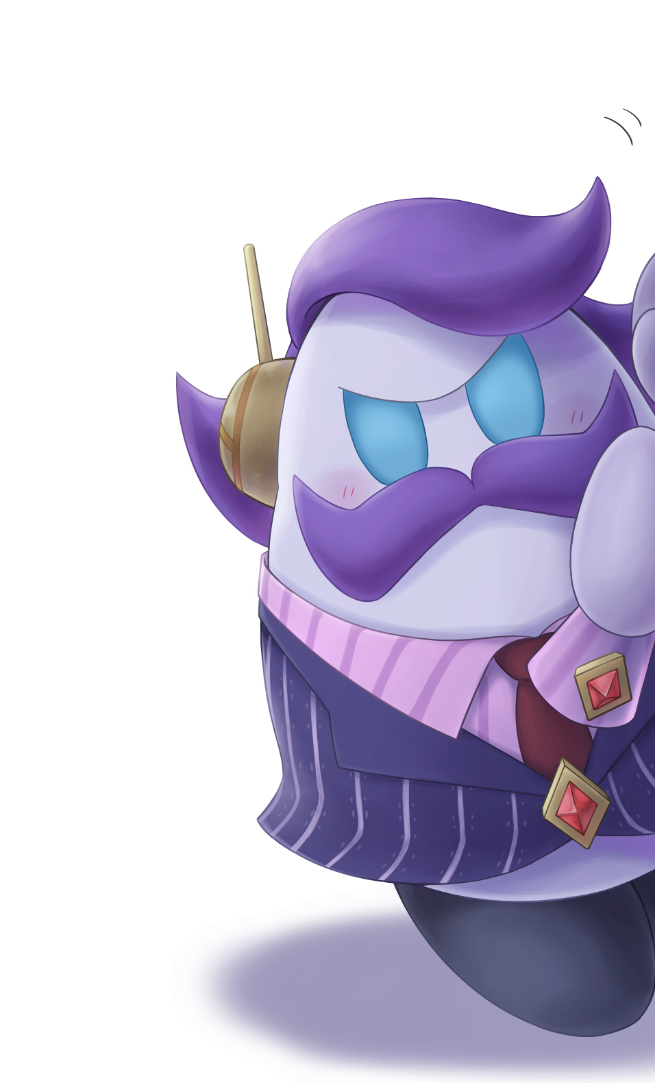 1boy, 2016, blue_eyes, blue_hair, blush, cuff_links, facial_hair, formal_clothes, gem, highres, kirby:_planet_robobot, kirby_(series), male_focus, max_profitt_haltmann, mustache, necktie, nintendo, peeking_out, purple_hair, riru_ash, simple_background, solo, suit, white_background