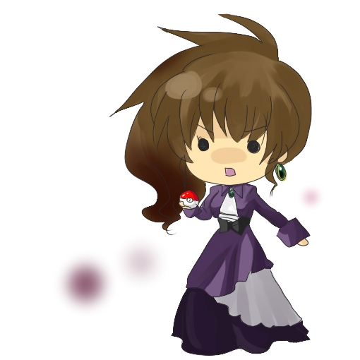 00s, 1girl, bad_id, bad_pixiv_id, brown_hair, chibi, crossover, dress, earrings, female_focus, holding, holding_poke_ball, jewelry, nintendo, origo, poke_ball, pokemon, simple_background, solo, umineko_no_naku_koro_ni, ushiromiya_natsuhi, white_background