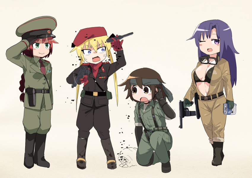 4girls, anger_vein, belt, beret, big_boss, big_boss_(cosplay), black_belt, black_bra, black_coat, black_footwear, black_gloves, black_headband, black_pants, blonde_hair, blue_eyes, blush, bodysuit, boots, bra, braid, braided_ponytail, breasts, brown_bodysuit, brown_eyes, brown_hair, character_request, check_character, closed_mouth, coat, commentary_request, cosplay, earpiece, elbow_gloves, flat_chest, fuka_(kantoku), full_body, gloves, goggles, goggles_around_neck, goshiki_agiri, green_eyes, green_jacket, green_pants, gun, handgun, hat, headband, highres, holding, holding_gun, holding_weapon, holster, jacket, kill_me_baby, long_hair, looking_at_viewer, looking_to_the_side, medium_breasts, metal_gear_(series), metal_gear_solid_3:_snake_eater, military, military_hat, military_uniform, multiple_girls, naked_snake, naked_snake_(cosplay), necktie, on_one_knee, one_eye_closed, open_bodysuit, open_clothes, open_mouth, oribe_yasuna, pants, purple_eyes, purple_hair, red_hair, red_headwear, red_necktie, revolver, revolver_ocelot, revolver_ocelot_(cosplay), salute, short_hair, simple_background, small_breasts, smile, sonya_(kill_me_baby), spinning_weapon, star_(symbol), the_boss, the_boss_(cosplay), underwear, unused_character_(kill_me_baby), weapon