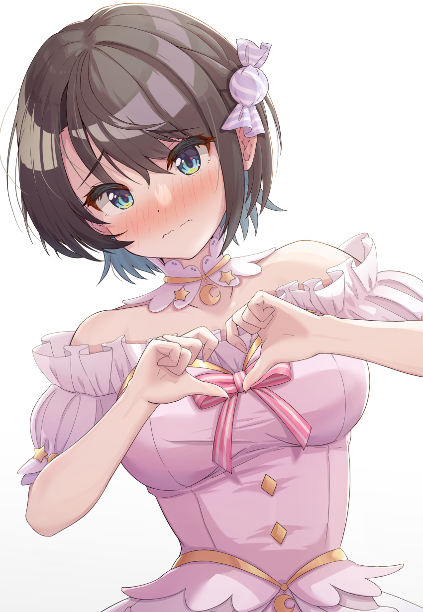 black_hair, blush, bow, breasts, candy_hair_ornament, choker, cosplay, dress, embarrassed, food-themed_hair_ornament, green_eyes, hair_ornament, heart, heart_hands, highres, himemori_luna, himemori_luna_(1st_costume), himemori_luna_(cosplay), hololive, medium_breasts, off-shoulder_dress, off_shoulder, oozora_subaru, pink_bow, pink_dress, princess, short_hair, solo, suicabar72, virtual_youtuber