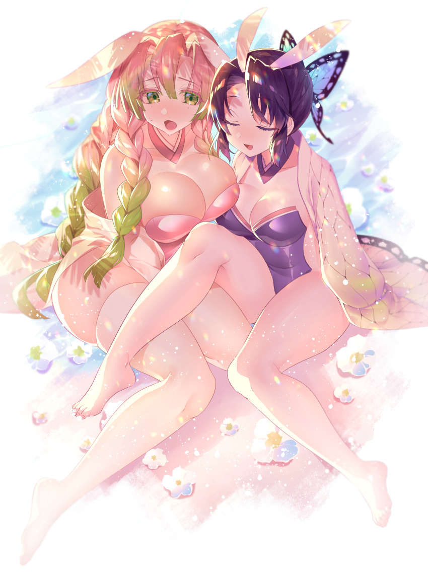 2girls, absurdres, animal_ears, bare_legs, bare_shoulders, barefoot, beach, black_hair, blush, braid, braided_ponytail, breasts, closed_eyes, eyebrows_hidden_by_hair, fake_animal_ears, feet, flower, green_hair, hair_between_eyes, hair_ornament, highres, kanroji_mitsuri, kimetsu_no_yaiba, kochou_shinobu, large_breasts, long_hair, looking_at_another, mole, mole_under_eye, multicolored_hair, multiple_girls, naganegi, ocean, open_mouth, pink_hair, playboy_bunny, rabbit_ears, sitting, toes, twintails