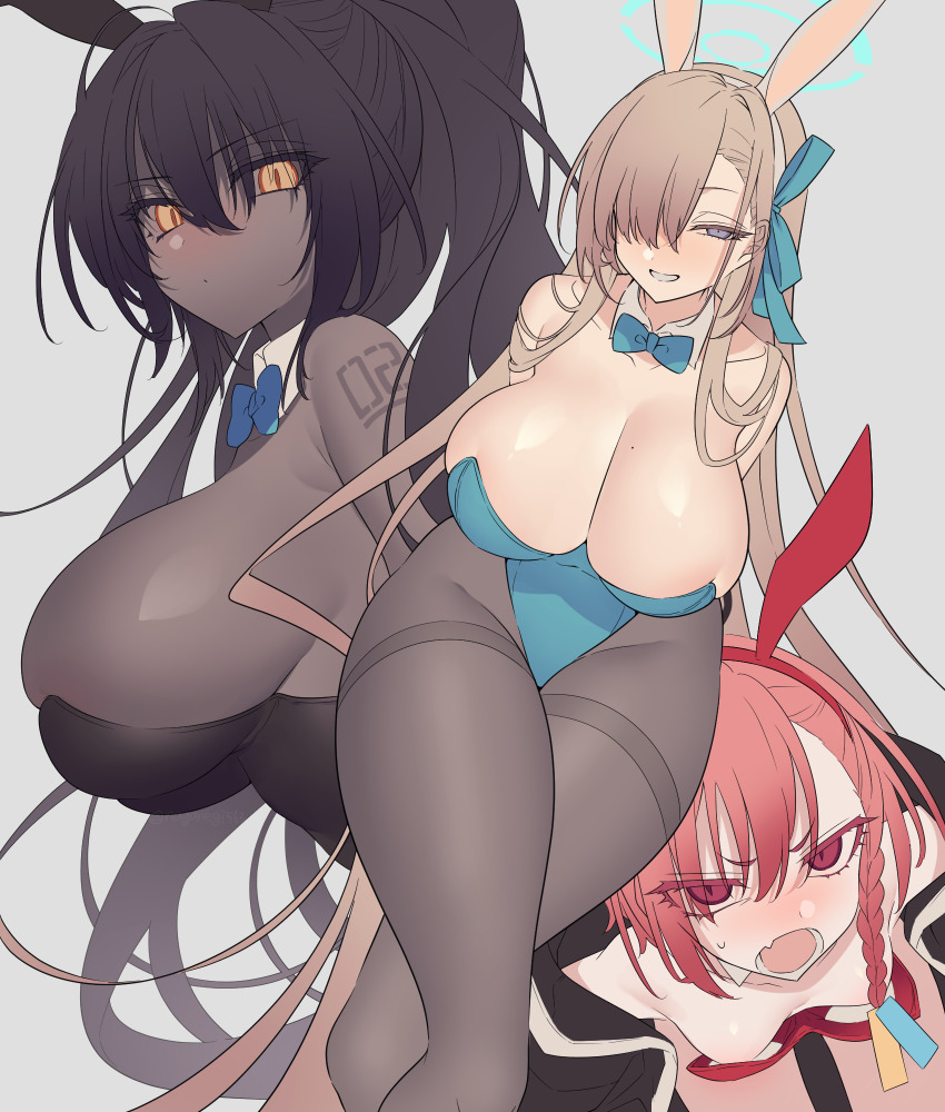 3girls, animal_ears, asuna_(blue_archive), asuna_(bunny)_(blue_archive), black_hair, blue_archive, bow, bowtie, braid, breasts, dark-skinned_female, dark_skin, detached_collar, eyebrows_hidden_by_hair, fake_animal_ears, from_side, grey_background, grey_hair, hair_between_eyes, hair_over_one_eye, hair_ribbon, highres, huge_breasts, karin_(blue_archive), karin_(bunny)_(blue_archive), long_hair, looking_at_viewer, multiple_girls, naganegi, neru_(blue_archive), neru_(bunny)_(blue_archive), pantyhose, playboy_bunny, rabbit_ears, red_hair, ribbon, simple_background, smile, traditional_bowtie