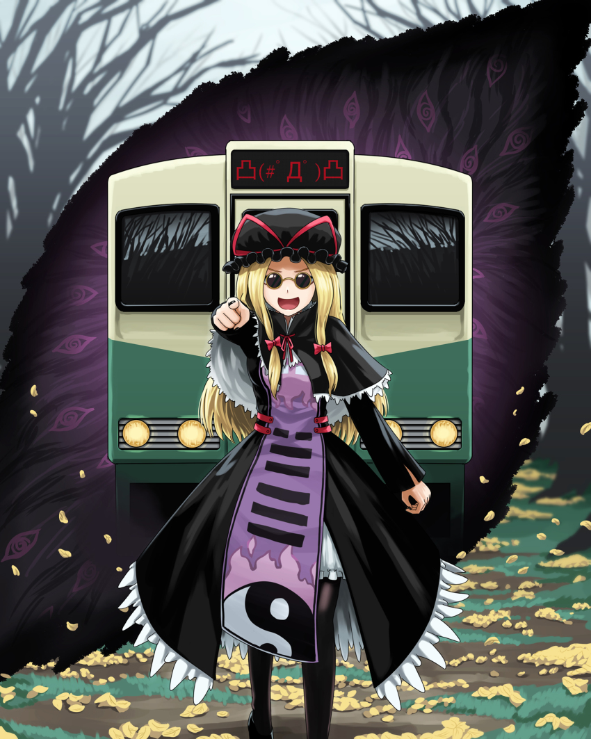 1girl, black_capelet, black_dress, black_footwear, black_hat, black_legwear, black_nails, capelet, cosplay, dress, emoticon, frilled_capelet, frilled_dress, frills, gap_(touhou), hat, highres, long_hair, mob_cap, nail_polish, okema, open_mouth, ozzy_osbourne, ozzy_osbourne_(cosplay), pointing, purple_tabard, red_ribbon, ribbon, round_eyewear, sunglasses, tabard, touhou, train, yakumo_yukari