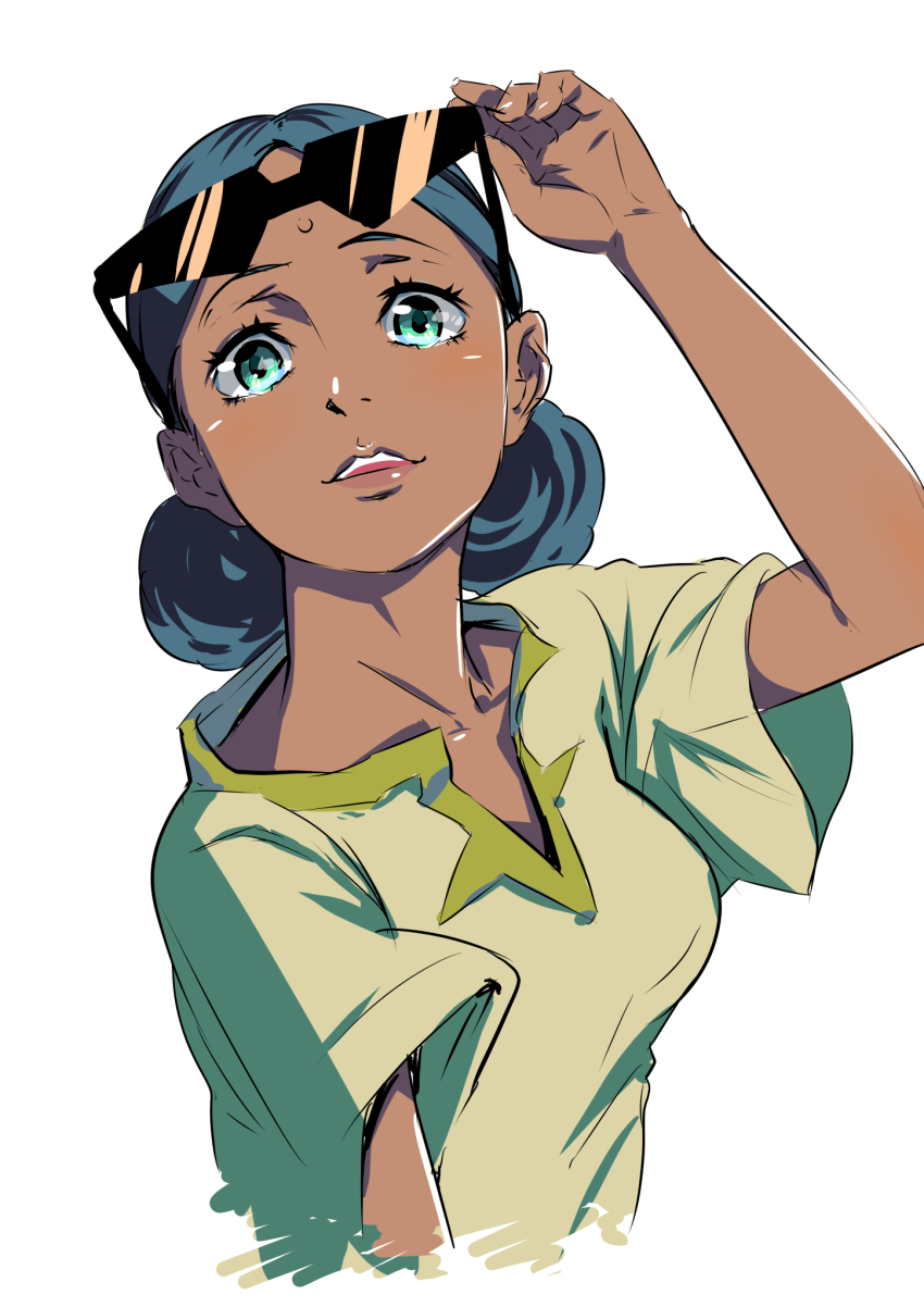 dark-skinned_female, dark_skin, eyewear_on_head, female_focus, green_eyes, gundam, highres, lalah_sune