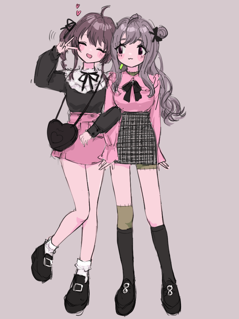 2girls, =_=, ahoge, bag, black_bag, black_footwear, black_ribbon, black_shirt