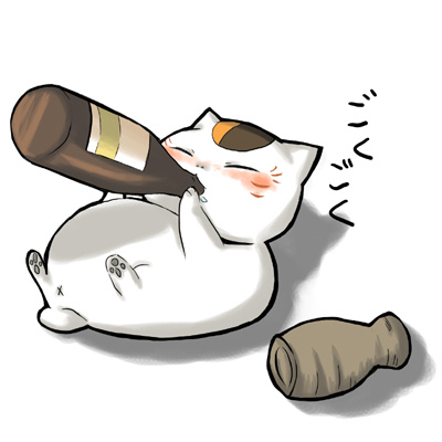 00s, alcohol, bottle, cat, drunk, fat, kuga_asumi, lowres, natsume_yuujinchou, no_humans, nyanko-sensei, sake, solo