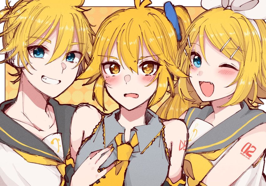 1boy, 2girls, akita_neru, bare_shoulders, bass_clef, beruna0612, black_collar, blonde_hair, blouse, blue_eyes, blush, bow, boy_and_girl_sandwich, collar, collared_shirt, color_connection, detached_sleeves, fang, grey_collar, grey_shirt, grin, hair_bow, hair_color_connection, hair_ornament, hairclip, hand_on_own_chest, headphones, highres, kagamine_len, kagamine_rin, long_hair, looking_at_viewer, multiple_girls, nail_polish, neckerchief, necktie, number_tattoo, one_eye_closed, open_mouth, sailor_collar, sandwiched, shirt, short_hair, shoulder_tattoo, side_ponytail, sketch, sleeveless, sleeveless_shirt, smile, swept_bangs, tattoo, treble_clef, upper_body, vocaloid, white_bow, white_shirt, yellow_background, yellow_nails, yellow_neckerchief, yellow_necktie