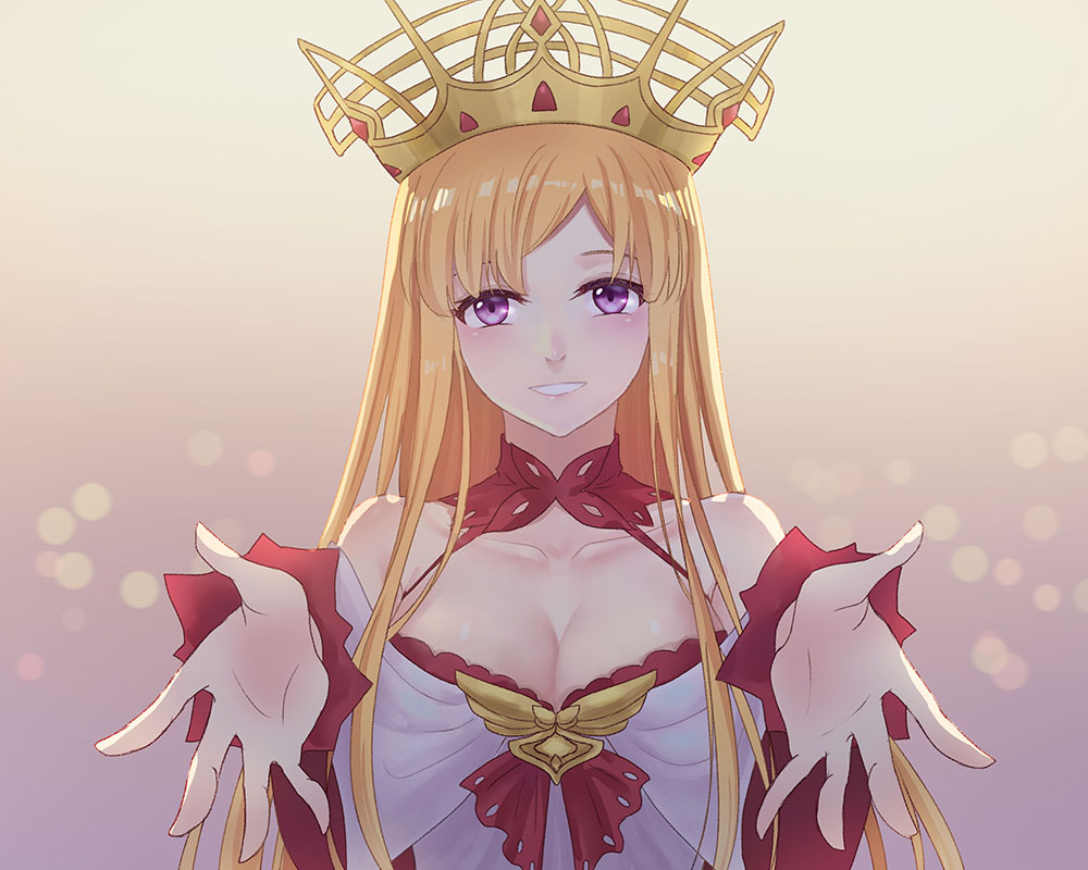 1girl, bare_shoulders, blush, breasts, cleavage, collarbone, crown, detached_collar