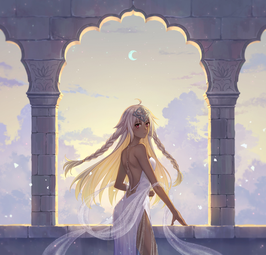 1girl, ahoge, backless_dress, backless_outfit, backlighting, bare_shoulders, blonde_hair, blush, braid, brick_wall, column, dark_skin, desi, dress, elsa_(g557744), fate/grand_order, fate_(series), grey_hair, headpiece, lakshmibai_(fate), long_hair, looking_at_viewer, parted_lips, pillar, red_eyes, shoulder_blades, side_slit, solo, tan, twin_braids, white_dress