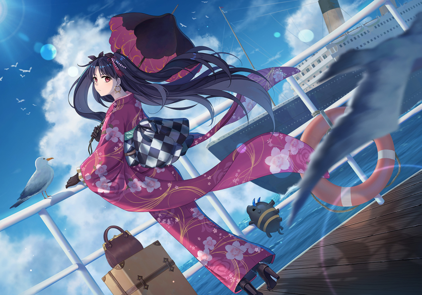 1girl, alternate_costume, bag, bird, black_hair, blue_sky, blurry, bokeh, boots, cloud, depth_of_field, dutch_angle, earrings, elsa_(g557744), fate/grand_order, fate_(series), handbag, high_heels, hoop_earrings, ishtar_(fate), japanese_clothes, jewelry, kimono, lens_flare, long_hair, looking_at_viewer, luggage, obi, ocean, ocean_liner, railing, red_eyes, sash, seagull, sky, solo, two_side_up, water