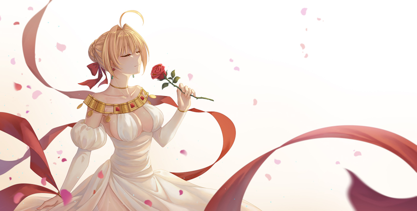 1girl, ahoge, bare_shoulders, blush, braid, breasts, breasts_apart, bun_with_braided_base