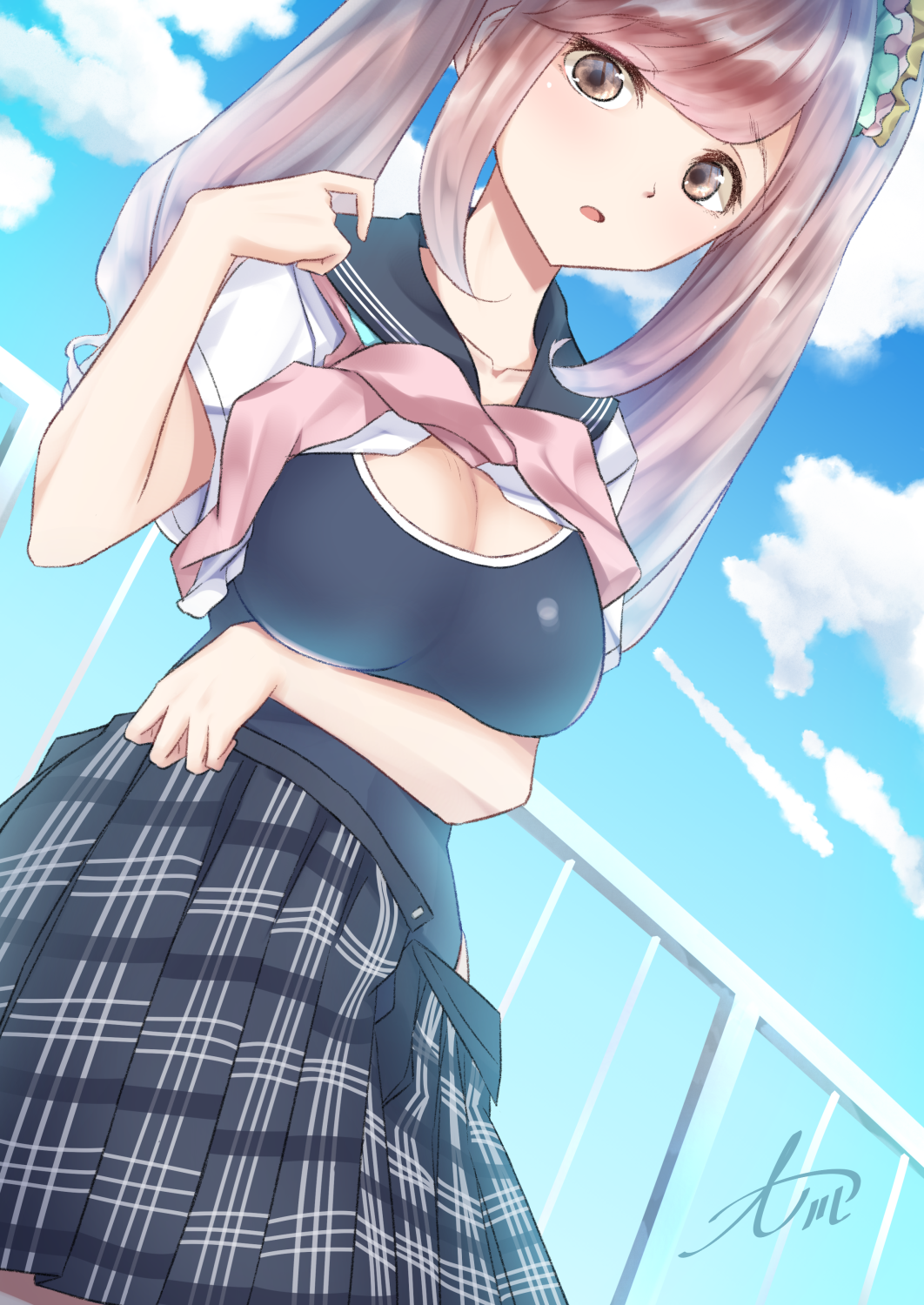 1girl, blue_reflection_(series), blue_reflection_maboroshi_ni_mau_shoujo_no_ken, breasts, cleavage, cloud, highres, inoue_chihiro