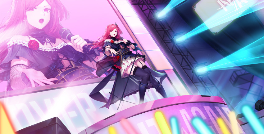 1girl, black_thighhighs, concert, fishnet_armwear, flat_chest, flower, full_body, garter_straps