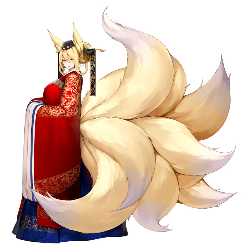 1girl, animal_ear_fluff, animal_ears, blonde_hair, blush, breasts, crossed_bangs, dress, fox_ears, fox_girl, fox_tail, full_body, hair_between_eyes, hat, highres, hirume_of_heavenly_incense, hwalot, kitsune, korean_clothes, kyuubi, last_origin, looking_at_viewer, looking_to_the_side, multiple_tails, official_art, open_mouth, smile, snowball22, solo, tachi-e, tail, transparent_background, wedding_dress, wide_sleeves, yellow_eyes