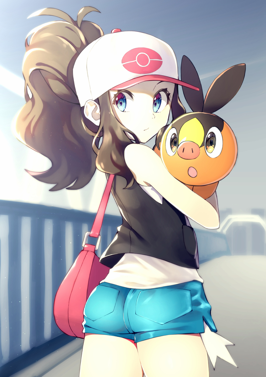 1girl, baseball_cap, blue_shorts, brown_hair, downscaled, duplicate, gen_5_pokemon, hat, highres, hilda_(pokemon), holding, holding_pokemon, long_hair, lossless-lossy, md5_mismatch, nintendo, pokemon, pokemon_(creature), pokemon_black_and_white, resized, resolution_mismatch, rindoriko, shirt, shorts, sleeveless, sleeveless_shirt, source_larger, tepig, white_shirt