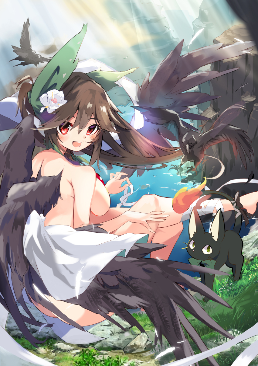 2girls, :d, absurdres, animal_ears, bandaged_leg, bandages, bare_shoulders, bird, bird_wings, blush, bow, breasts, brown_eyes, brown_hair, cape, cat_ears, cat_tail, claws, cliff, collarbone, commentary_request, completely_nude, crow, duplicate, feathered_wings, fingernails, fire, flame-tipped_tail, floating, flower, flying, grass, green_bow, green_eyes, hair_bow, hair_flower, hair_ornament, highres, kaenbyou_rin, kaenbyou_rin_(cat), large_breasts, light_rays, long_hair, looking_at_viewer, multiple_girls, multiple_tails, nekomata, nude, ocean, open_mouth, outdoors, pixel-perfect_duplicate, reiuji_utsuho, rock, sidelocks, slit_pupils, smile, sunbeam, sunlight, tail, tail_on_fire, talons, tetsurou_(fe+), third_eye, touhou, two_tails, water, white_cape, white_flower, wings