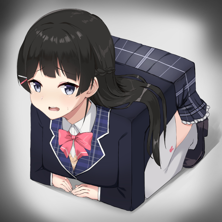 1girl, all_fours, black_hair, black_shoes, blazer, blue_eyes, bow, bowtie, boxification, braid, collared_shirt, frilled_skirt, frills, hair_ornament, hairclip, highres, jacket, long_hair, nijisanji, open_mouth, plaid_clothes, plaid_skirt, school_uniform, shirt, shoes, skirt, solo, tamaki_(tamakikan), thighhighs, tsukino_mito, tsukino_mito_(1st_costume), virtual_youtuber, white_shirt, white_thighhighs