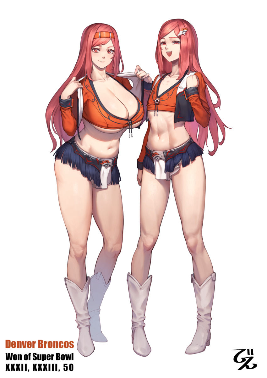 2girls, beeeeen, belly, blue_skirt, boots, breasts, cheerleader, cleavage, closed_mouth, commentary_request, commission, crop_top, denver_broncos, drawstring, flat_chest, fringe_trim, full_body, hair_ornament, hairband, hairpin, highres, huge_breasts, jacket, last_origin, long_hair, looking_at_viewer, microskirt, midriff, multiple_girls, national_football_league, navel, night_angel_(last_origin), open_clothes, open_jacket, open_mouth, orange_hairband, orange_shirt, partial_commentary, pixiv_commission, red_eyes, red_hair, revision, shirt, siblings, simple_background, sisters, skirt, smile, standing, stomach, strato_angel_(last_origin), swept_bangs, thighs, underboob, uniform, very_long_hair, white_background, white_footwear