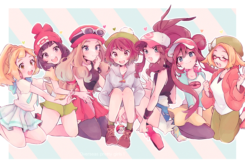 6+girls, :d, antenna_hair, baseball_cap, beanie, bianca_(pokemon), black_vest, blonde_hair, blue_shorts, blush, boots, brown_boots, brown_hair, cardigan, closed_mouth, collared_shirt, commentary_request, eyelashes, eyewear_on_headwear, gloria_(pokemon), green_hat, green_pants, green_shorts, green_socks, grey_cardigan, hat, heart, hilda_(pokemon), jacket, kneeling, lillie_(pokemon), long_hair, misha_(ohds101), multiple_girls, nintendo, open_mouth, orange_jacket, pants, pleated_skirt, pokemon, pokemon_black_and_white, pokemon_black_2_and_white_2, pokemon_sun_and_moon, pokemon_sword_and_shield, pokemon_x_and_y, ponytail, raglan_sleeves, red_hat, red_skirt, rosa_(pokemon), selene_(pokemon), serena_(pokemon), shirt, short_hair, short_sleeves, shorts, sidelocks, skirt, sleeveless, sleeveless_shirt, smile, socks, sunglasses, teeth, thighhighs, tongue, upper_teeth_only, vest, visor_cap, white_shirt, white_skirt, yellow_shirt
