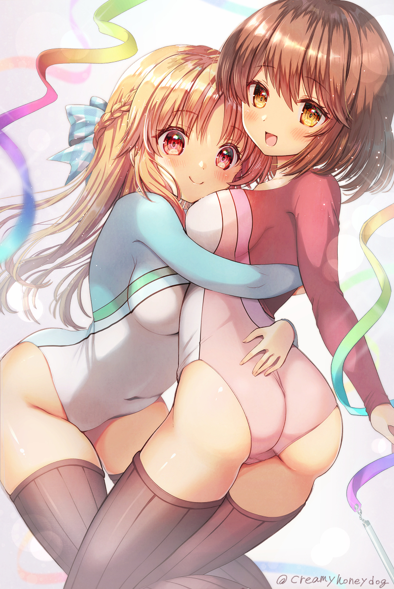 2girls, athletic_leotard, blonde_hair, breasts, brown_eyes, brown_hair, brown_legwear, commentary_request