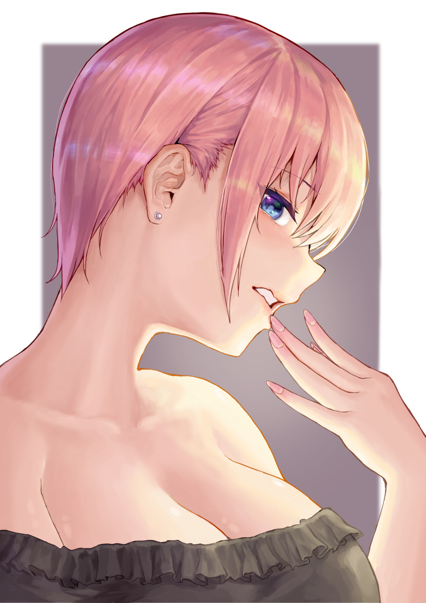 1girl, absurdres, bare_shoulders, black_shirt, blouse, breasts, collarbone, earrings