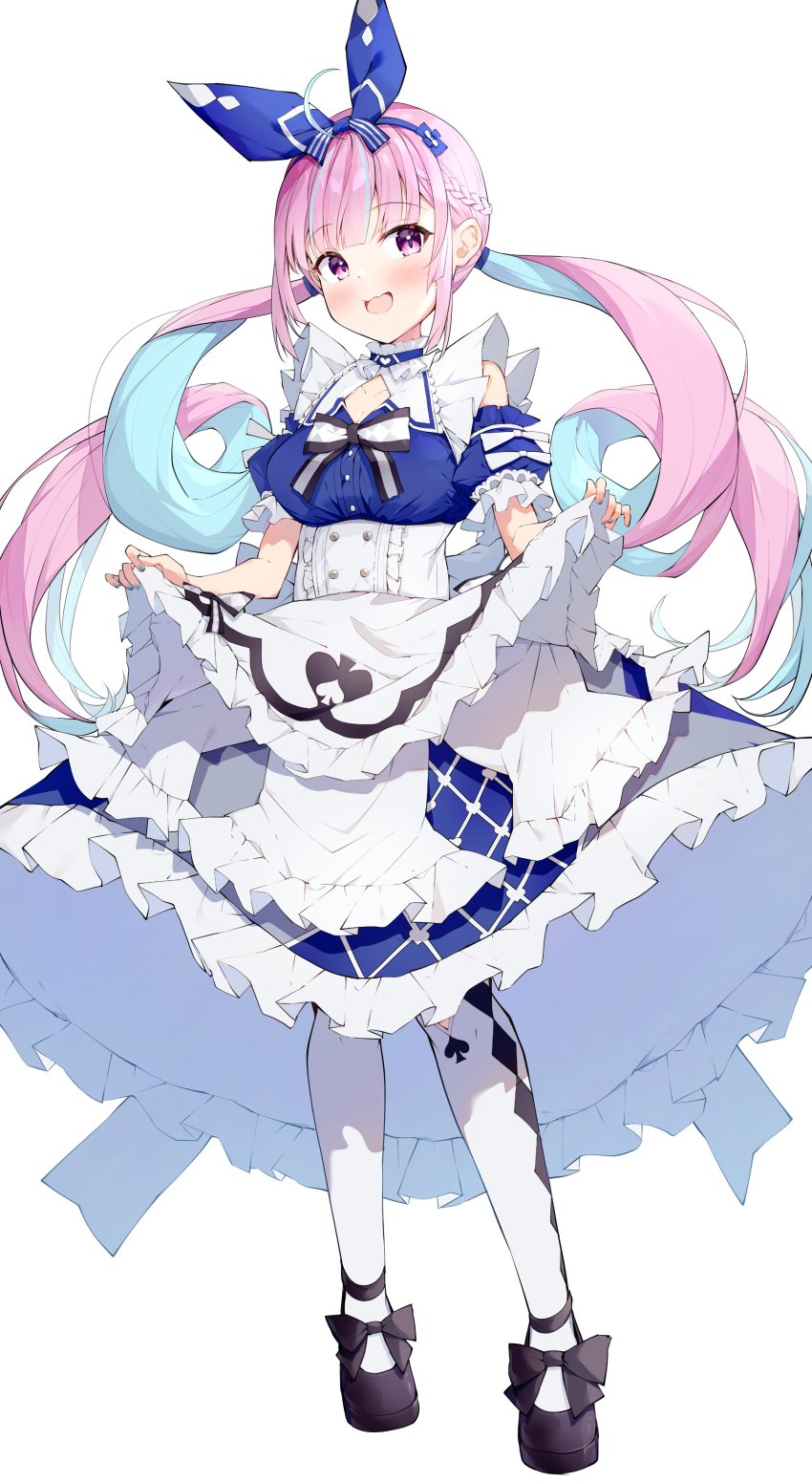 1girl, absurdres, apron, apron_hold, black_shoes, blue_dress, blue_hair, blue_hairband