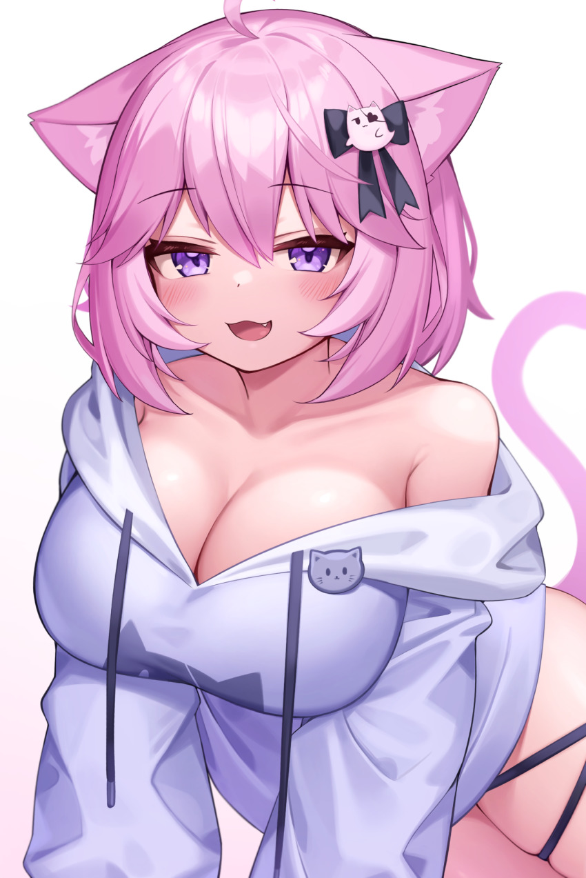 1girl, :3, :d, ahoge, animal_ears, black_bow, blush, bow, breasts, cat_ears, cat_girl, cat_hair_ornament, cat_tail, cleavage, commentary, deaver, ghost_hair_ornament, hair_between_eyes, hair_bow, hair_ornament, highres, hood, hood_down, hoodie, large_breasts, long_sleeves, looking_at_viewer, nyatasha_nyanners, off_shoulder, open_mouth, pink_hair, purple_eyes, purple_hoodie, short_hair, simple_background, smile, solo, tail, virtual_youtuber, vshojo, white_background