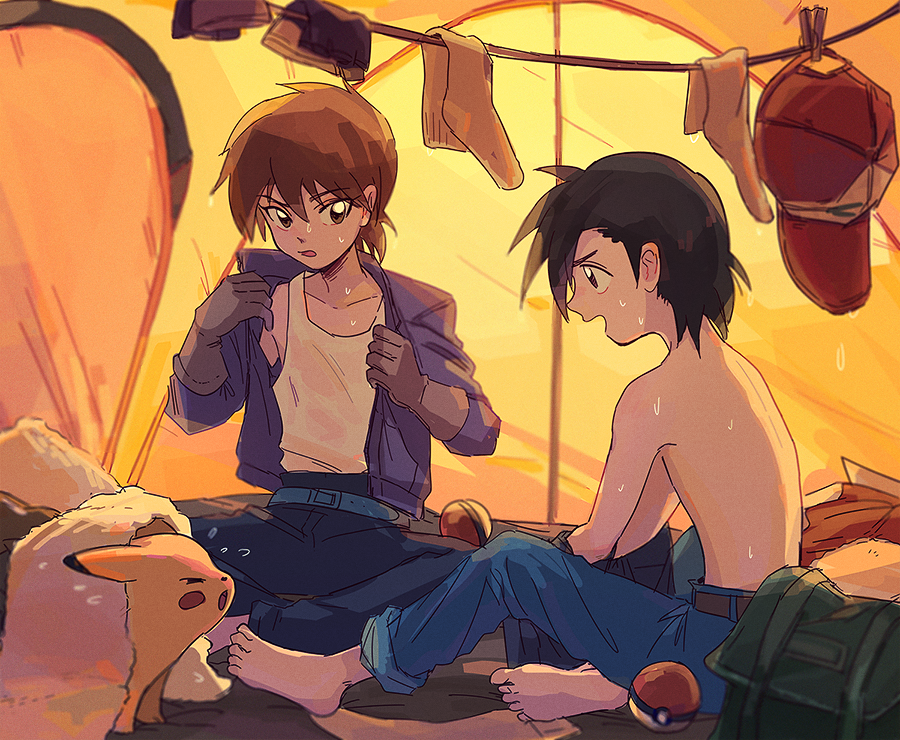 2boys, ash_ketchum, barefoot, black_hair, blue_pants, brown_eyes, brown_hair, commentary_request, gary_oak, gen_1_pokemon, hair_between_eyes, hat, itome_(funori1), jacket, male_focus, multiple_boys, nintendo, open_mouth, pants, pikachu, poke_ball, poke_ball_(basic), pokemon, pokemon:_the_electric_tale_of_pikachu, pokemon_(creature), purple_jacket, shirt, short_hair, sitting, socks, soles, tank_top, tent_interior, toes, topless_male, towel, unworn_hat, unworn_headwear, unworn_socks, wet, white_shirt, yaoi